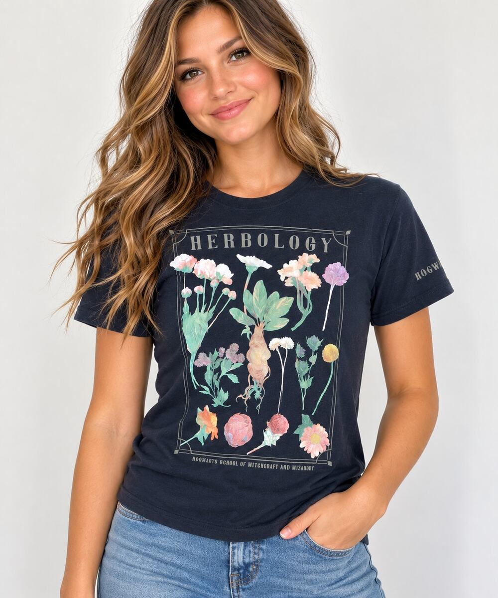 Harry Potter Hogwarts Herbology Floral Graphic T-Shirt Women’s Small Navy Blue